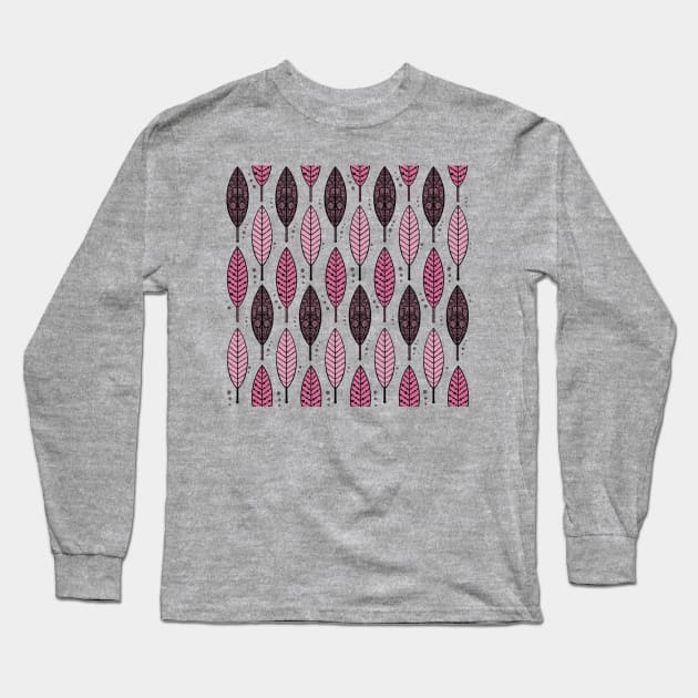 Pink Patterned Leaves Line Art Style Aesthetic Long Sleeve T-Shirt by AlmightyClaire